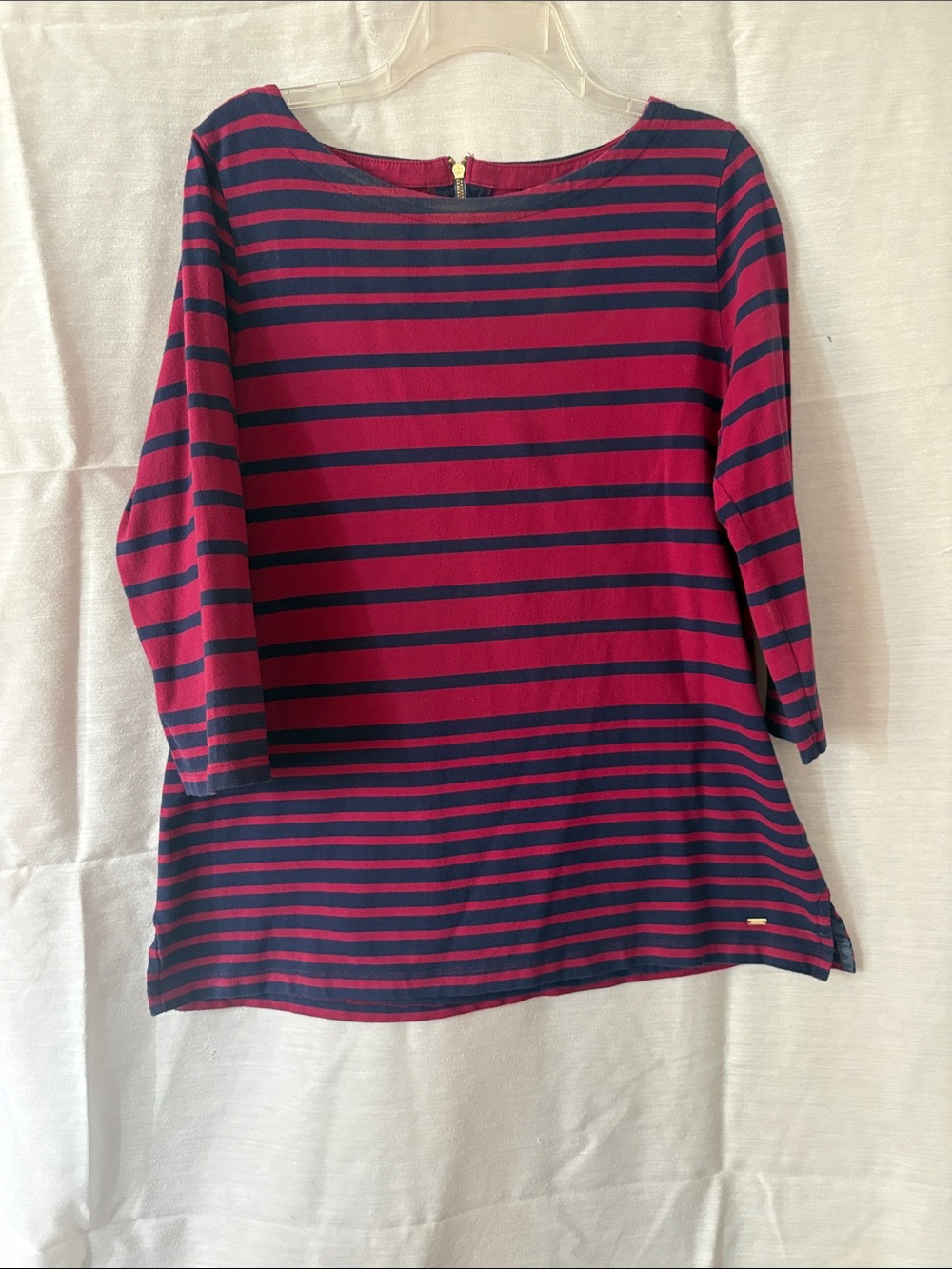 Tommy Hilfiger Navy and Magenta Striped Boatneck Long Sleeve Top